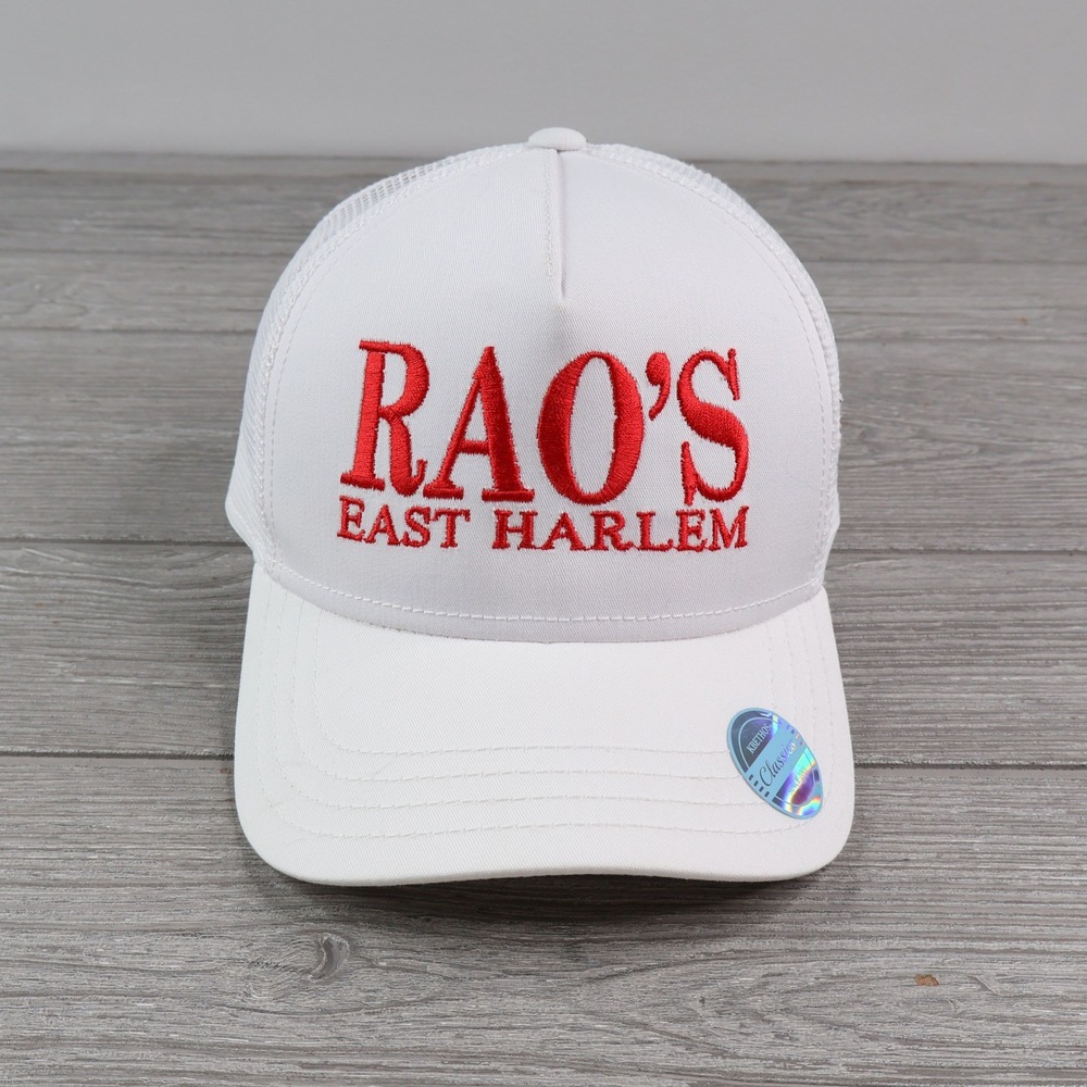 Rao's East Harlem NYC Trucker Hat White Red Snapback Mesh Back Cap NWOT